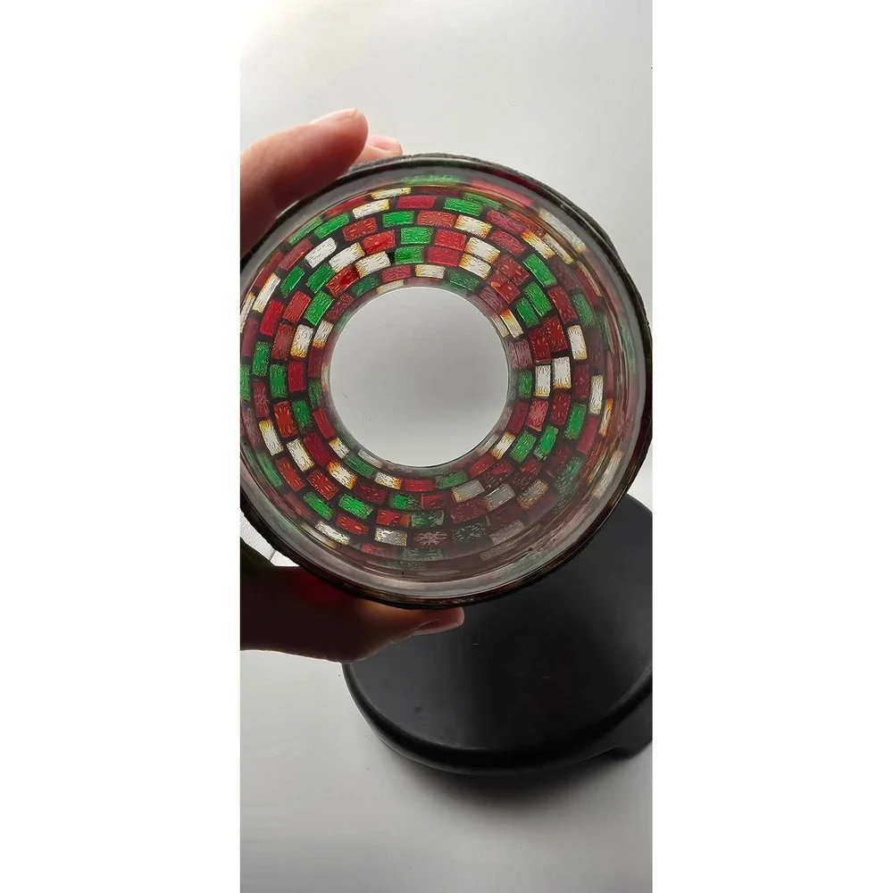 Mosaic Glass Hurricane Vase Candle Holder Red Green Amber Checkered Wood Base